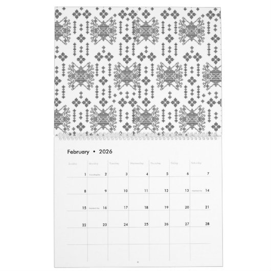 Een zwart-wit patroon met een witte achtergrond kalender (Feb 2026)