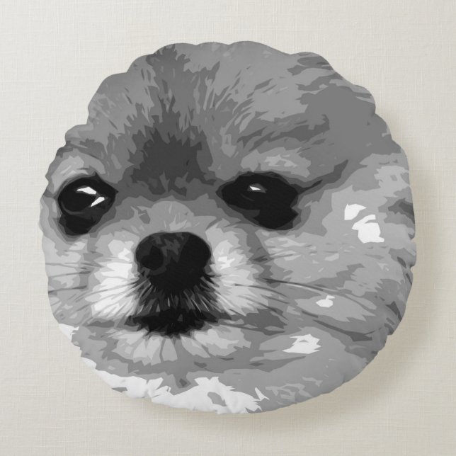 Een zwart-wit Pommeren Rond Kussen (Voorkant)