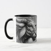 Een zwart-wit portret met een gestileerde buffel. mok (Links)