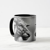 Een zwart-wit portret met een gestileerde buffel. mok (Voorkant links)