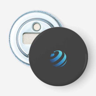 Een zwarte en blauwe logo met een golf erop button flesopener