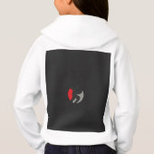 Een zwarte en rode logo met een persoon in het mid (Achterkant)