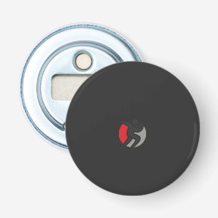 Een zwarte en rode logo met een persoon in het mid button flesopener