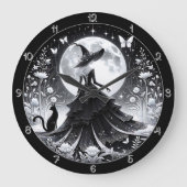 Een zwarte en witte heks met kat grote klok (Voorkant)