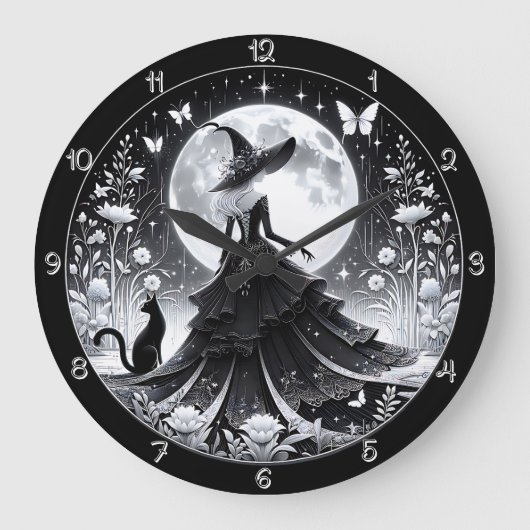 Een zwarte en witte heks met kat grote klok (Voorkant)