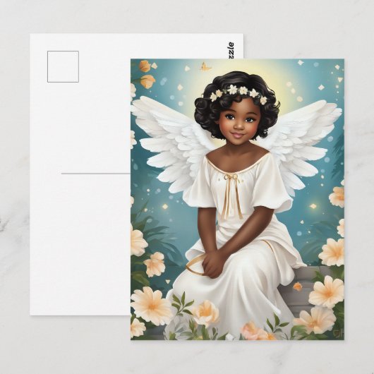 Een zwarte engel omringd door bloemen briefkaart (Voorkant / Achterkant)