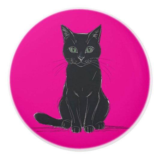 Een zwarte kat deurtrekker keramische knop (Voorkant)