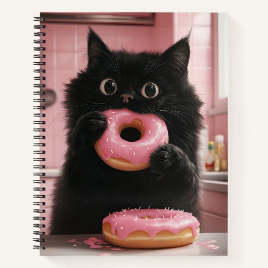 Een zwarte kat houdt roze donuts in zijn poten notitieboek (Voorkant)