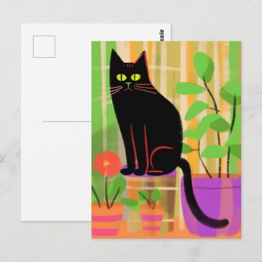 Een zwarte kat met kamerplanten geruite stoel briefkaart (Voorkant / Achterkant)