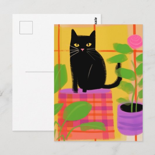Een zwarte kat met kamerplanten geruite stoel briefkaart (Voorkant / Achterkant)