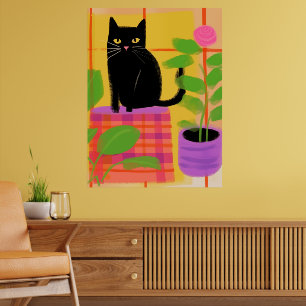 Een zwarte kat met kamerplanten geruite stoel poster