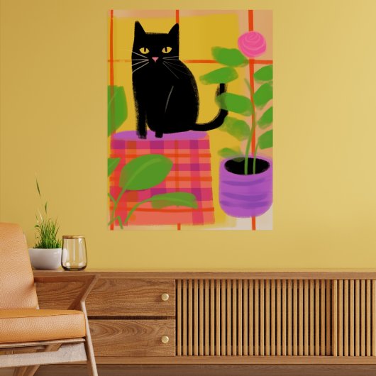 Een zwarte kat met kamerplanten geruite stoel poster (Woonkamer 2)