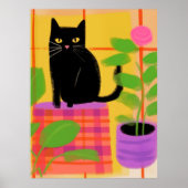 Een zwarte kat met kamerplanten geruite stoel poster (Voorkant)
