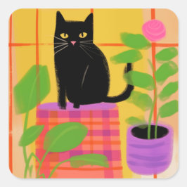 Een zwarte kat met kamerplanten geruite stoel vierkante sticker