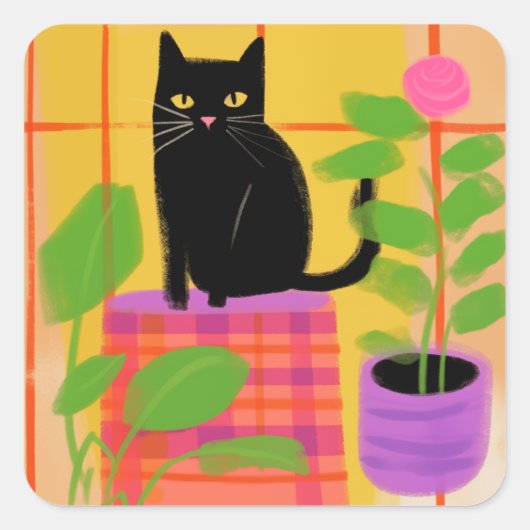 Een zwarte kat met kamerplanten geruite stoel vierkante sticker (Voorkant)