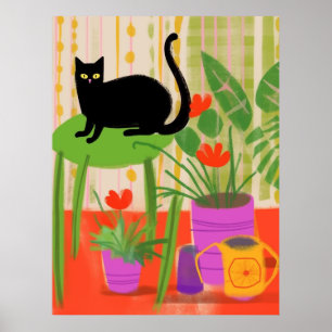 Een zwarte kat met kamerplanten poster
