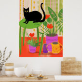 Een zwarte kat met kamerplanten poster (Keuken)