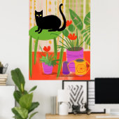 Een zwarte kat met kamerplanten poster (Thuiskantoor)