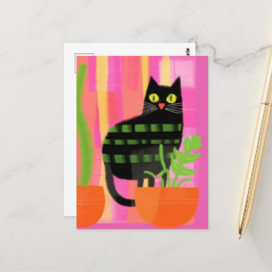 Een zwarte kat met kamerplanten roze groen Sinaasa Briefkaart
