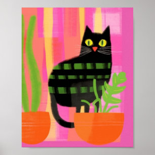 Een zwarte kat met kamerplanten roze groen Sinaasa Poster