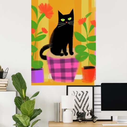 Een zwarte kat met kamerplanten roze Paarse stoel Poster (Thuiskantoor)