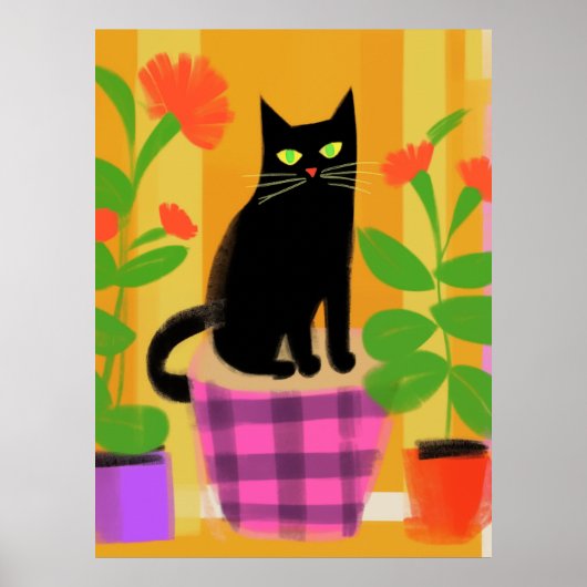 Een zwarte kat met kamerplanten roze Paarse stoel Poster (Voorkant)