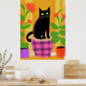 Een zwarte kat met kamerplanten roze Paarse stoel Poster (Keuken)
