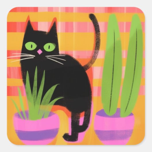 Een zwarte kat met kamerplanten vierkante sticker (Voorkant)