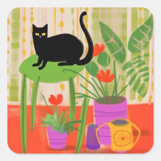 Een zwarte kat met kamerplanten vierkante sticker (Voorkant)