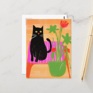 Een zwarte kat met kamerplanten zit op roze briefkaart