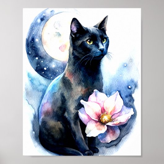Een zwarte kat met opvallende gele ogen Poster (Voorkant)