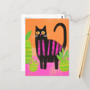 Een zwarte kat met roze strepen en kamerplanten briefkaart