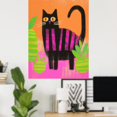 Een zwarte kat met roze strepen en kamerplanten poster (Thuiskantoor)