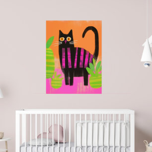 Een zwarte kat met roze strepen en kamerplanten poster