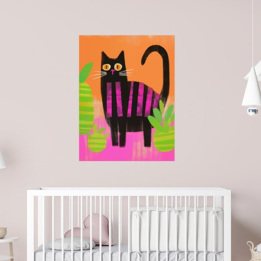 Een zwarte kat met roze strepen en kamerplanten poster (Kinderkamer 2)