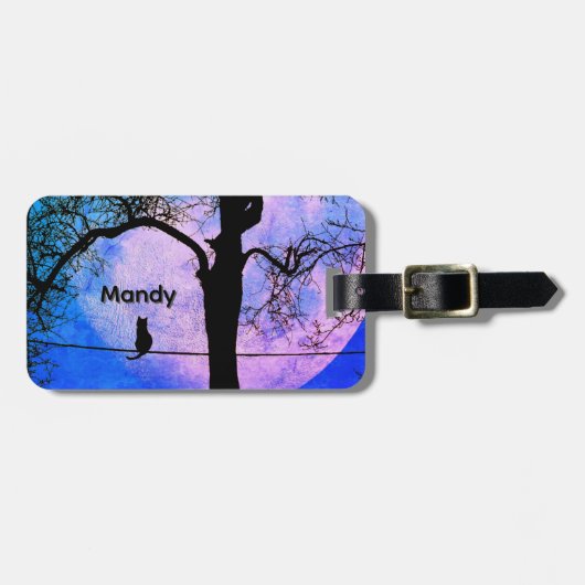 Een zwarte kat op een draad Volle Maan Naam Bagagelabel (Voorkant horizontaal)