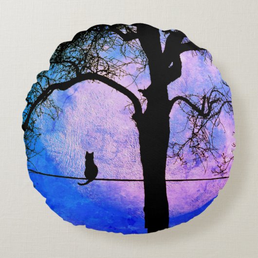 Een zwarte kat op een draad Volle maan Rond Kussen (Voorkant)
