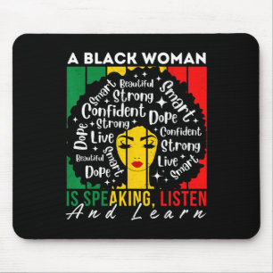 Een zwarte vrouw spreekt Luister en Leer Afro Wo Muismat
