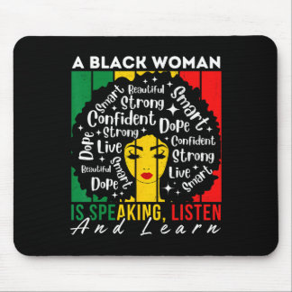 Een zwarte vrouw spreekt Luister en Leer Afro Wo Muismat