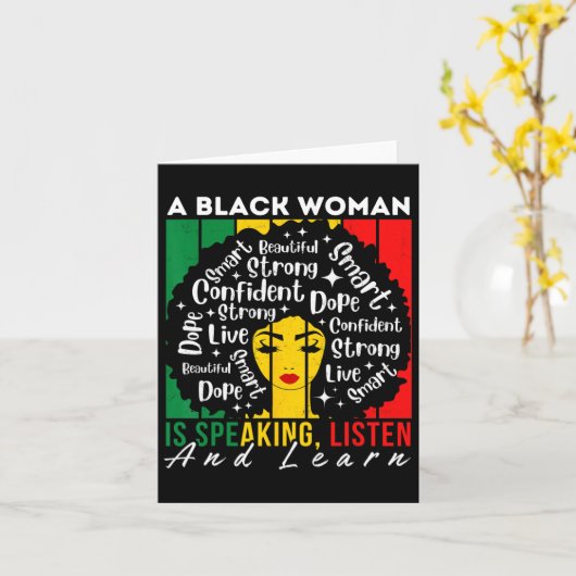 Een zwarte vrouw spreekt, luistert en leert Afro W Kaart (Gele Bloem)