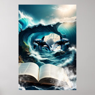 Een zwemmende steampunk Orka in de golf. Poster