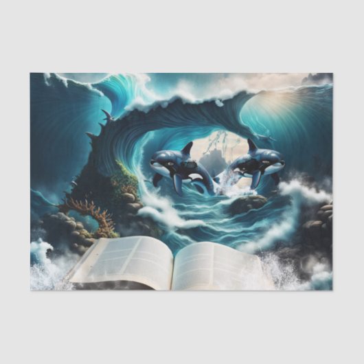 Een zwemmende steampunk Orka in de golf Tissuepapier (Voorkant)