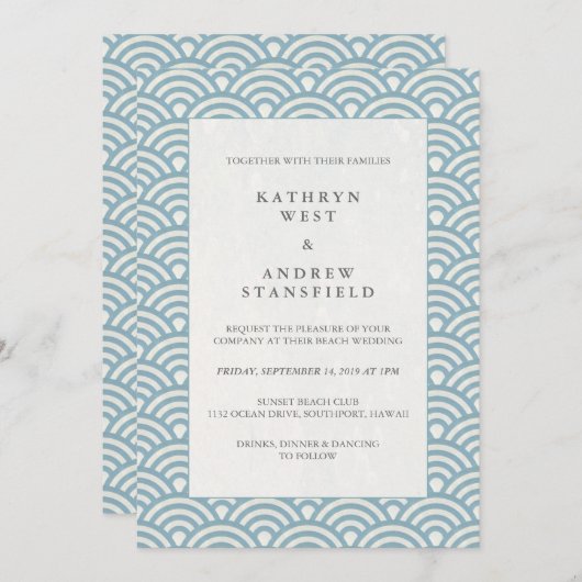 Eenblauw Japans Seigaiha Wave Pattern Weddenschap Kaart (Voorkant / Achterkant)