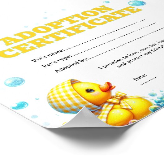 Eend adoptie certificaat bewerkbaar poster (Hoek)