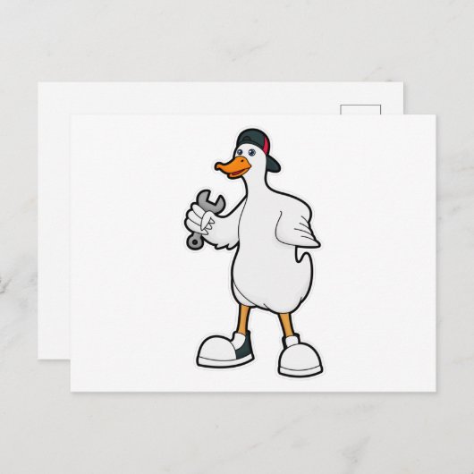 Eend als ambachtsman met gereedschap en pet briefkaart (Voorkant / Achterkant)