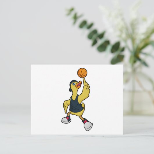 Eend als basketballer met basketbal briefkaart (Staand voorkant)