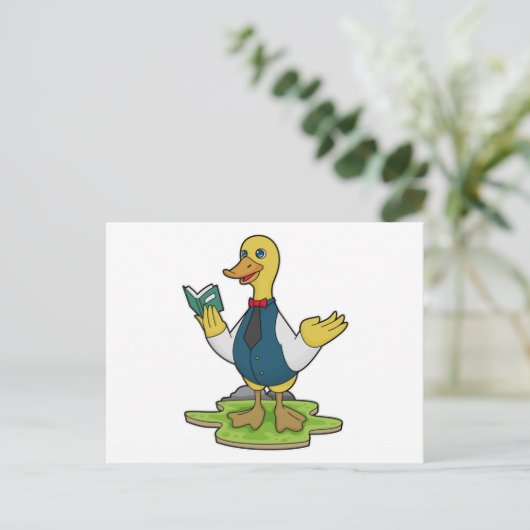 Eend als leraar met boek briefkaart (Staand voorkant)
