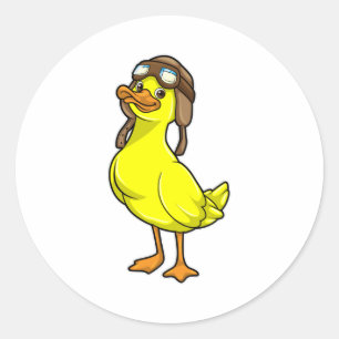 Eend als piloot met pet en vliegbril ronde sticker