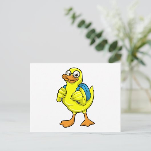 Eend als student met rugzak briefkaart (Staand voorkant)