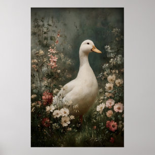 Eend Antieke Printbare Kunst, Eend Bloem Minimalis Poster